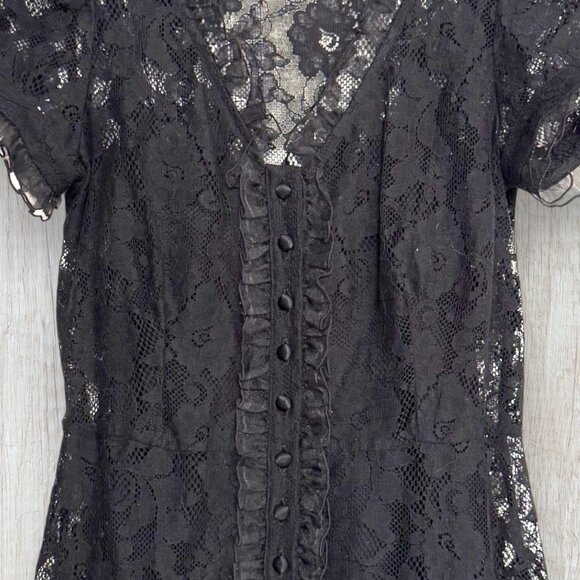Vintage Y2K Betsey Johnson Black Lace Overlay Dress Slip Puff Sleeve Ruffle Trim - Picture 4 of 11